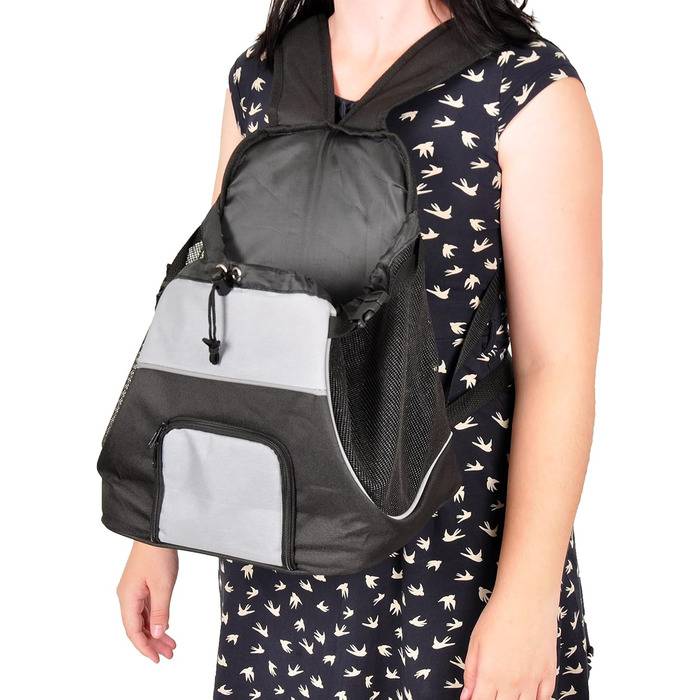 Сумка для собак на животі Sybil, чорна, 29x23x38 см, поліестер, підсилення спинки, світловідбивачі, знімний низ, страховочна лінія, система ременів, фронтальний отвір