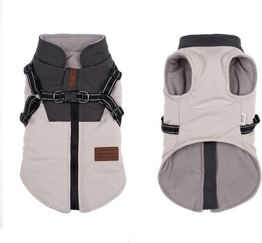 Водонепроникний теплий зимовий одяг для собак JSSEVN - куртка з кріпленням для повірця, для цуценят та собак середніх розмірів, бежевий, M