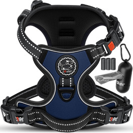 Шлейка для собак LOVPET® без натягу та тяги для маленьких собак та цуценят, дихаюча та м'яка, світловідбиваюча | Безперетягувальна шлейка з ручкою та рулонами для відходів | Регульована шлейка Navy Blue - L Navy Blue