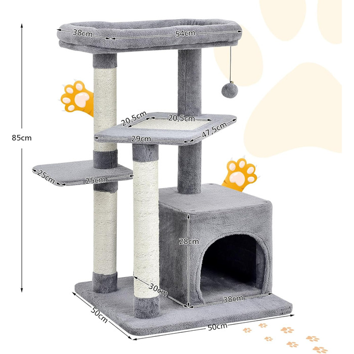 Дряпак для котів COSTWAY, 85 см, з будиночком, м'яким сидінням, м'ячиком та сизалевими стовпчиками, сірий