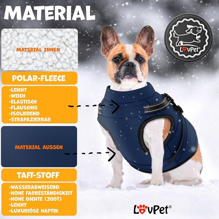 LOVPET® Зимова куртка для собак 4XL, водонепроникна, утеплена, з вбудованим шлейкою, рефлекторами та D-кільцем, темно-синя, у комплекті 45 пакетів для прибирання та диспенсер