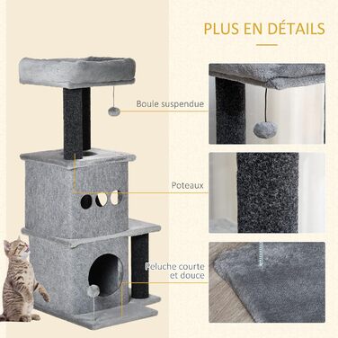 Дряпка для котів PawHut Cosy Chic, багатофункціональний ігровий комплекс з будиночком, платформами, лежаком і ігровим м'ячем, знімний та миючий фетровий плед, плита ДСП, плюш, 48x48x100 см, сірий