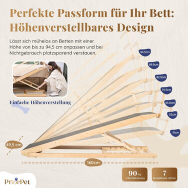 Сходинки для собак до ліжка з поручнями - для великих собак до 90 кг - регульована висота до 94.5 см - ширина 49.5 см - складаються - антиковзні ручки - з натурального березового дерева - колір натуральний