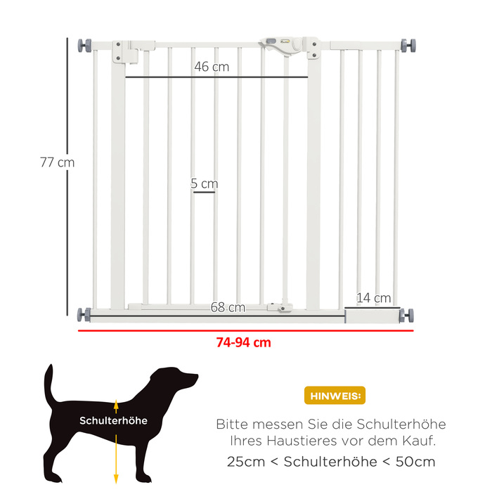 PawHut Door Gate Gate, Шлагбаум, 74-80/87-94 см, Сходові ворота для домашньої тварини, Ворота для собаки в т.ч. різні надставки, Захисні ворота без свердління, Метал, Пластик, Білий | Аосом