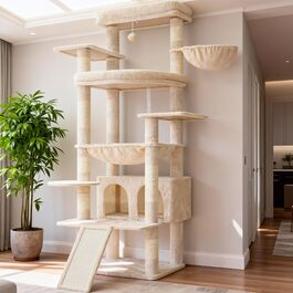 Драбина-кіготь Heybly HCT038W (Бежева) 202 см з 2 великими лежаками, когтеточкою, гротом, кошиком, сизалевим стовпом та гамаком. Підходить для дорослих котів