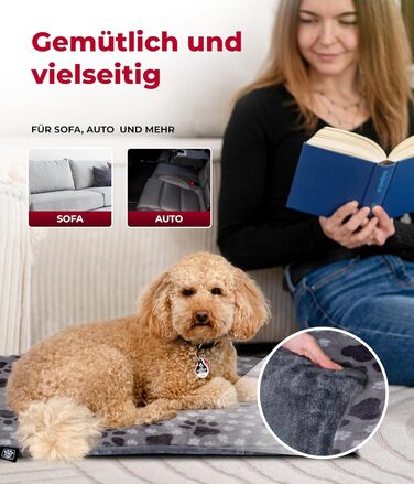 HS-Hundebett® Лежак для собак середній 65x95 см, двосторонній, м'який, 3 см наповнювач, для дивану, авто та переноски, сірий з лапкою, вироблено в Німеччині