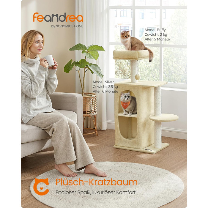 Дряпка для котів Feandrea, кігтеточка з 2 будиночками, кігтеточки, для багатокотових сімей, кошенят, PCT005G01 (пісочно-бежевий)