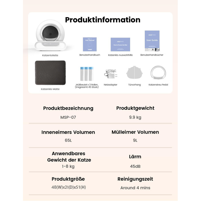 Автоматичний лоток для котів LELO PAWS, 65л, самоочищення, з контролем запаху, керування через APP, електричний, XXL, для кількох котів, білий