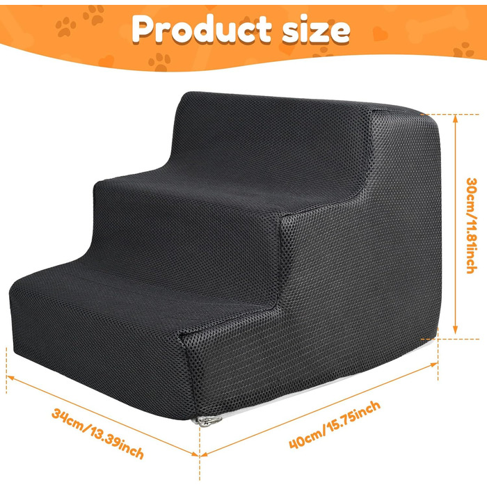 Сходинки для тварин BAODBF: 3 сходинки, 30 см, для собак та котів, миються, неслизькі, сірого кольору