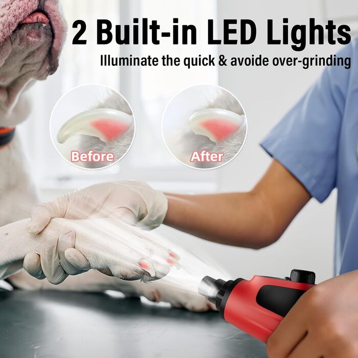 Шліфувальник кігтів для собак Casfuy Smarter Krallenschleifer 6-ступінчатий з LED-підсвіткою, тихий, перезаряджається, для собак та котів великих, середніх та малих порід (червоний)