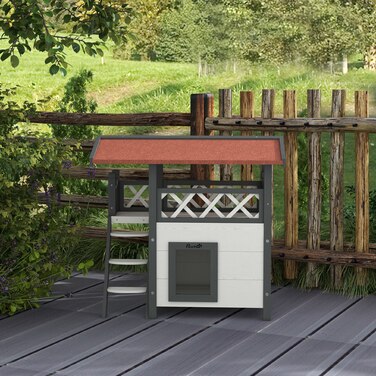 PawHut Cat House 2-х поверховий з асфальтовим дахом і балконом, котяча вілла зі сходами з масиву дерева, біла, 77 х 50 х 73 см