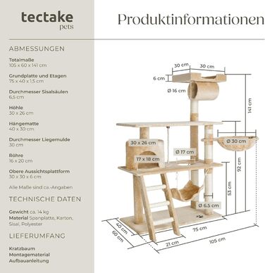 Дряпка для котів tectake 141 см, котячий комплекс з іграшками, гамаками, плетений з плюшу та сизалю, для дому, широкий, бежевий