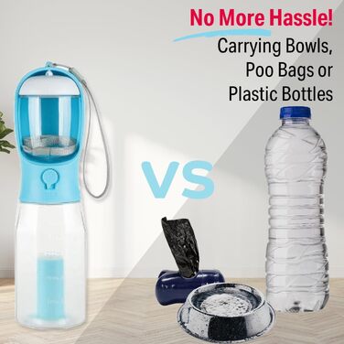 Водяна пляшка для собак PANJAL 600 мл, 4-в-1, витокозахисна, без BPA, з дозатором пакетів та відділенням для ласощів, з фільтром – для прогулянок, походів, подорожей, блакитна