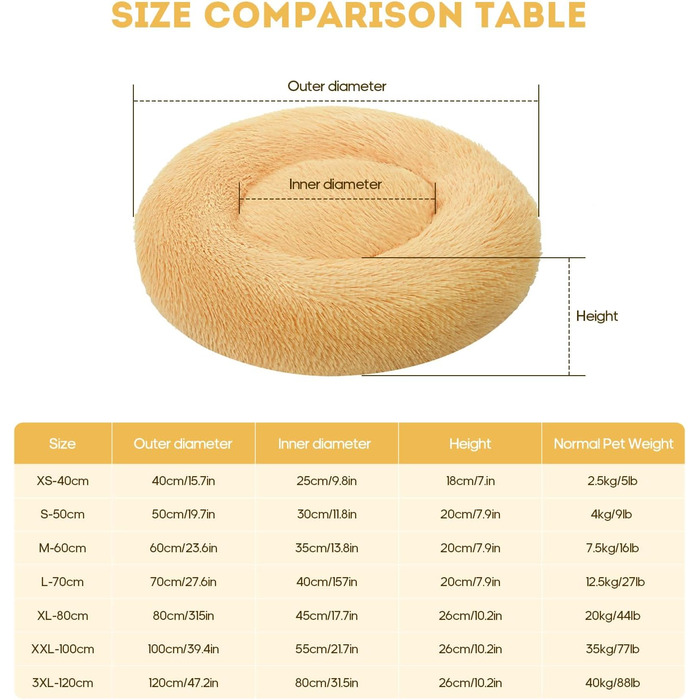 Ліжко для собак Aoresac Donut, м'яке та пухнасте, XS-3XL, XXL Ø100x26см, до 30 кг, шампань