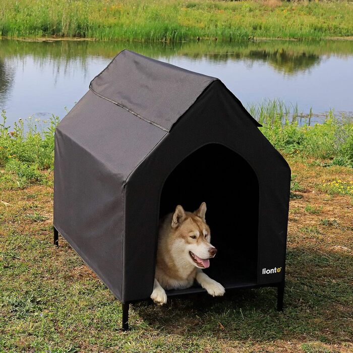 Лежанка для собак Lionto Outdoor з дахом, 110x75x105 см, водовідштовхувальне, зносостійке оксфордське полотно та дихаюче сітко, піднята лежанка з знімними ніжками, для собак до 60 кг, чорний колір