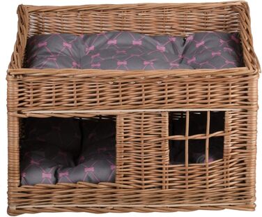 Двоярусна котяча хатинка з ротангу сірого кольору з подушкою та вікном | e-wicker24