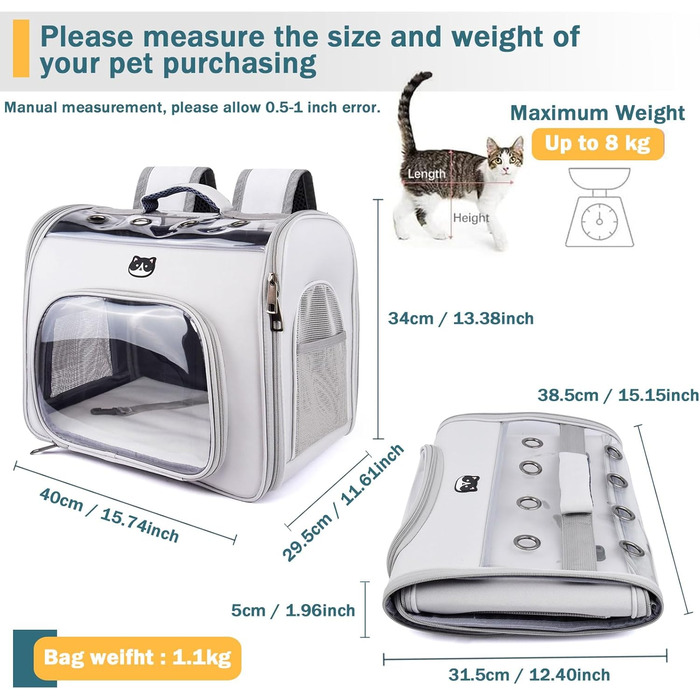 Рюкзак для кота Onebarleycorn з вікном, переноска для кота та маленьких собак до 2-8 кг, сірий, дихаючий, складаний