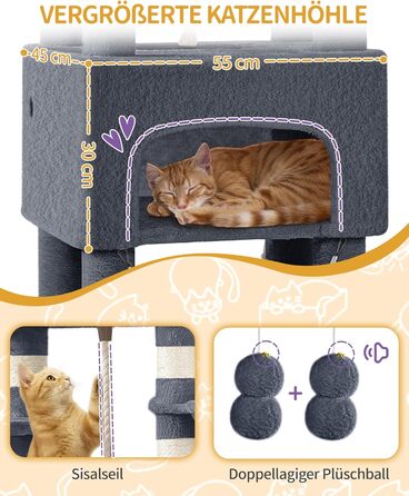 Кігтеточка для котів Hzuaneri 176 см, XL, 3 платформи, 2 печери, 7 стовпчиків, гамак, плюшеві кульки, для багатокотових сімей, темно-сірий MS17618SG