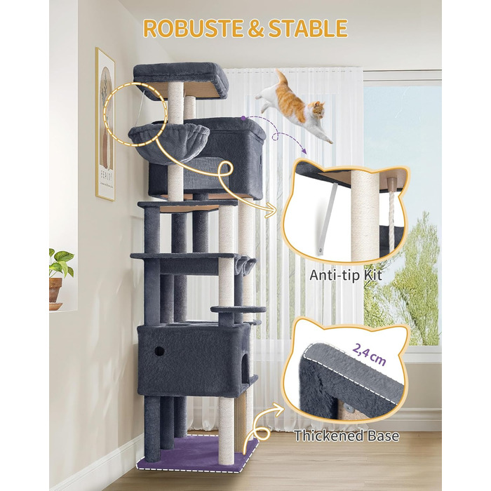 Декілька рівнева кігтеточка для котів Hzuaneri MS20018LG, 200 см, XXL, 10 стовпчиків, 2 печери, 2 гамаки, велика платформа, щітка для котів, кошик, для мейн-кунів та великих котів