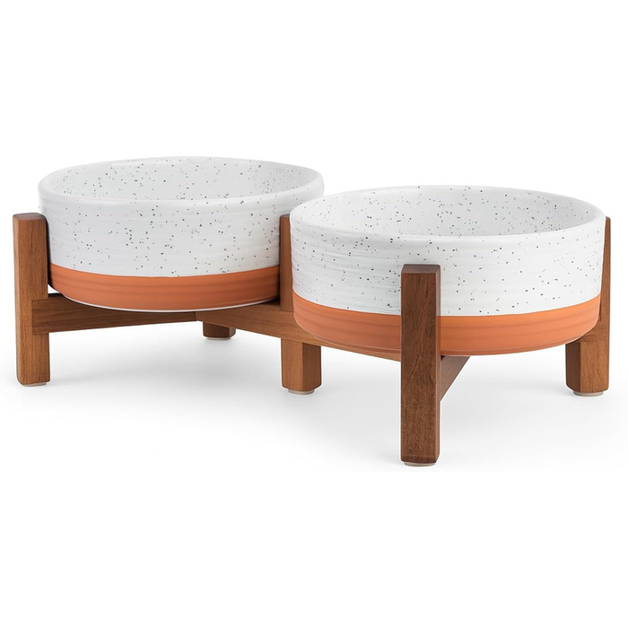 Миска для собак SpunkyJunky з кераміки, подвійна, піднята на підставці з акації, для великих собак (400 мл, білий та червоно-коричневий)