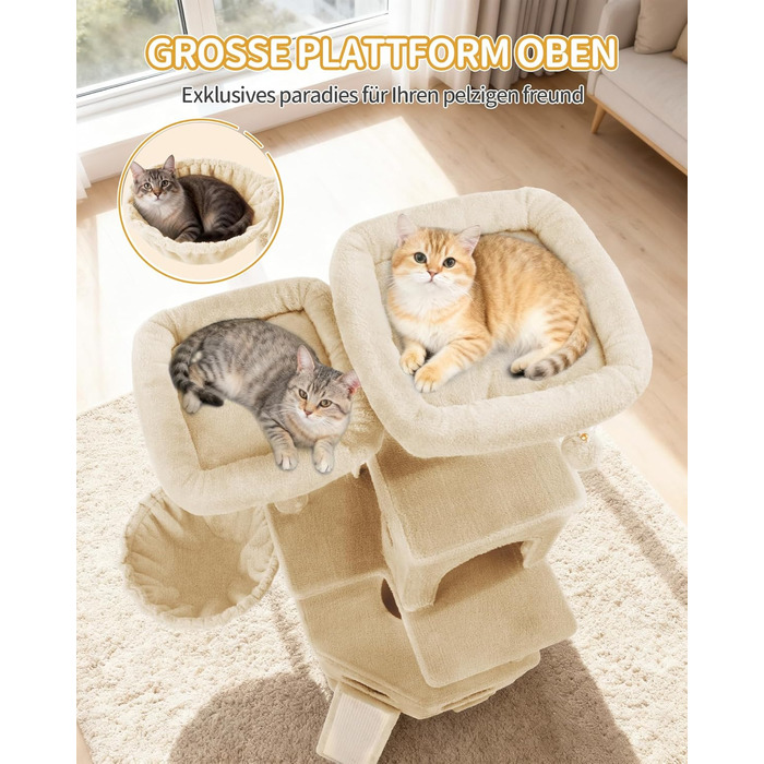 Кігтеточка для котів Hzuaneri, 174 см, XL, 2 платформи, 2 печери, 4 стовпчики, дошка для шліфування кігтів, мотузка з сизалю, плюшеві кульки, для кількох котів, MS17418LG (Бежевий)