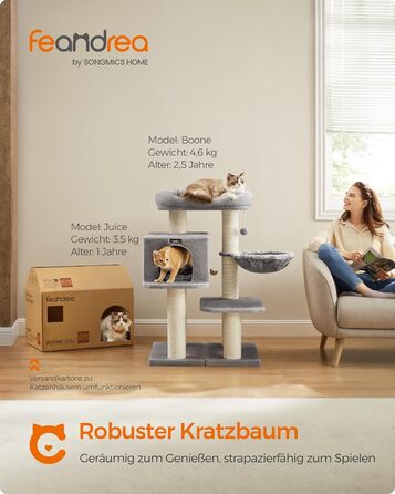 Драбина для котів Feandrea XXL: міцна, з 6 товстими стовпчиками, платформа, будиночок, кошик, сіра