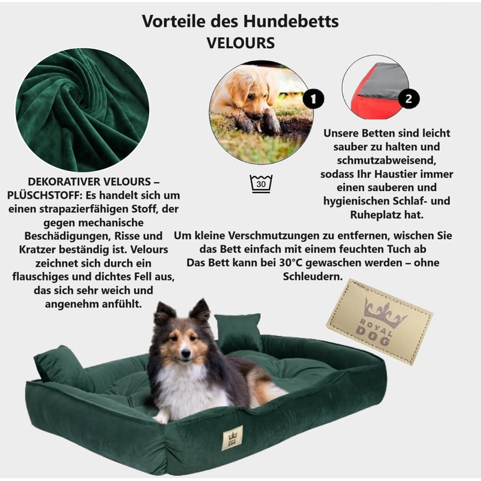 Крісло-ліжко для собак великих порід KING DOG, 100 x 75 см, зелене, з велюру, ортопедичне, легко миється, силіконова наповнювач