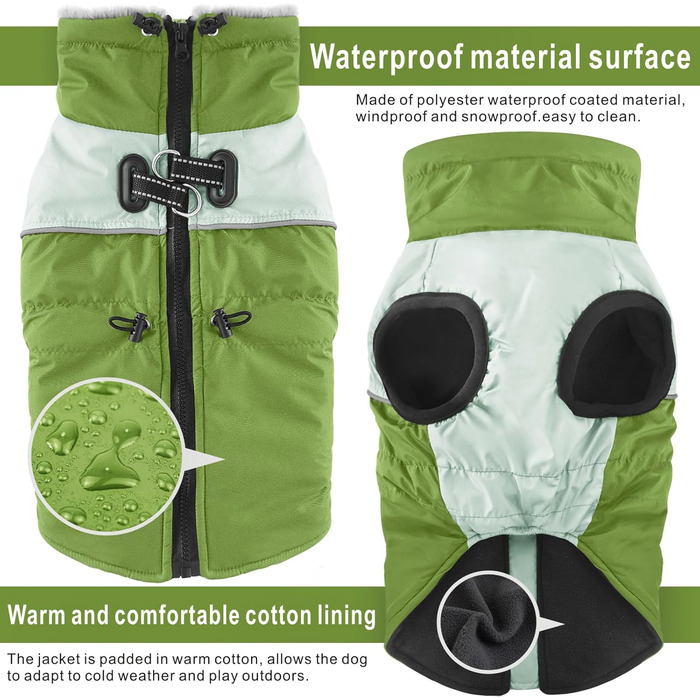 Водонепроникний зимовий одяг для собак Dolahovy: тепла флісова куртка для малих, середніх та великих собак, вєсті з шлейкою (зелений, 2XL)