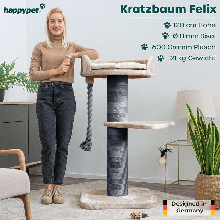 Дерево для котів HAPPYPET Felix 120 см, стійке, для великих порід, товсті стовпи 18 см, натуральний сизаль