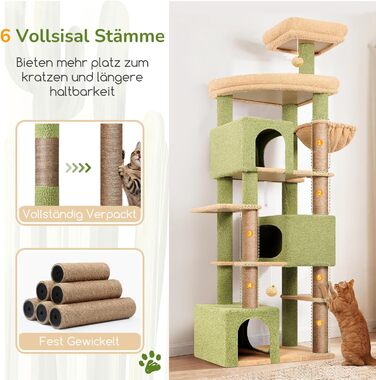 Комплекс для котів Globlazer XXL (203 см) для 4-6 великих котів, з 3 будиночками, платформами, кошиком та іграшками, стійкий, зелений