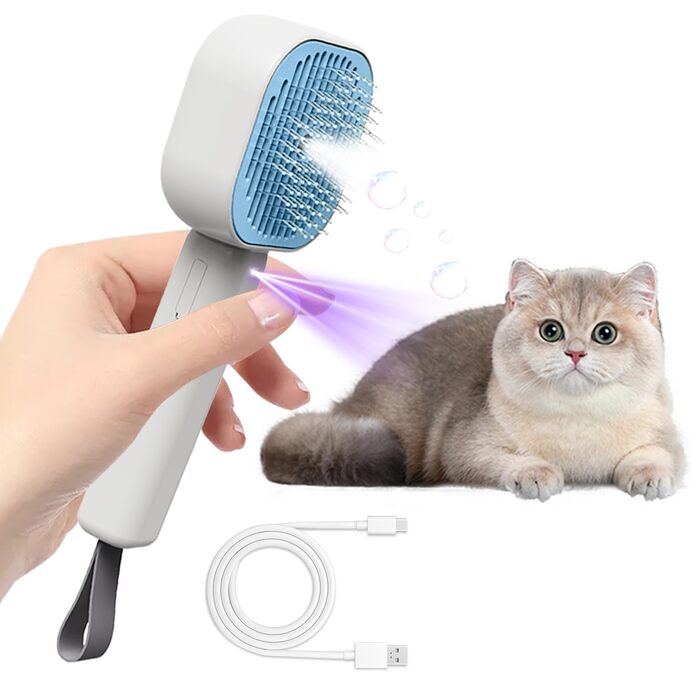 Парфумерна щітка для котів 4 в 1, синього кольору: догляд за шерстю котів та собак, самоочищення, антистатична