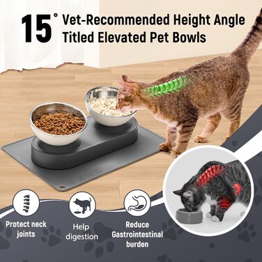 Набір мисок для котів та маленьких собак Marchul: подвійні, з підставкою, з нержавіючої сталі, 15° нахил, з силіконовим килимком