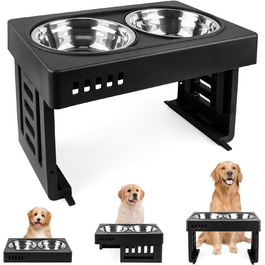 Підвищений годівниця для собак та котів 2-в-1, 4 регульовані висоти, підставка Anti-Slip з нержавіючою чашею, чорний (44 x 27,5 x 7 см)