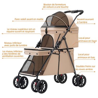 Дитяча візок для тварин Homewell з 2 ярусами, складний, для собак та котів, знімний кошик, тримач для напоїв, безпечний поводок, вантажопідйомність 25 кг (Хакі)