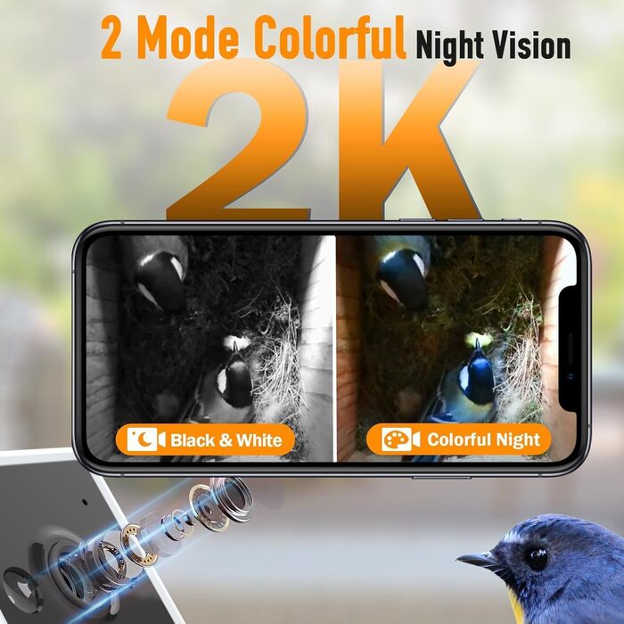 Будиночок для птахів з камерою 4MP HD, WiFi, водостійкий, нічне бачення, автоматичний запис, сповіщення в додатку, для спостереження за гніздуванням