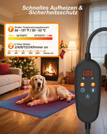 Грілка для домашніх тварин з регулятором, для котів та собак, 6 температурних режимів, таймер на 24 години, LED-дисплей, безпечна грілка з міцним кабелем (60x90 см, блакитна)