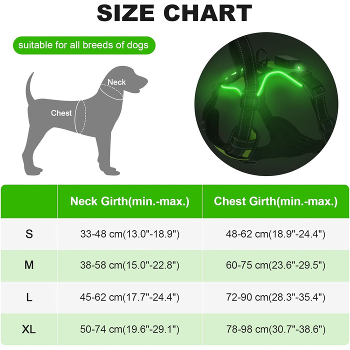 Нашийник для собак Masbri з підсвічуванням, регульований, світловідбиваючий, з ручкою, м'який, світловідбиваючий, для собак середніх та великих порід, чорно-білий, TC3005B, чорно-білий (L, зелений)
