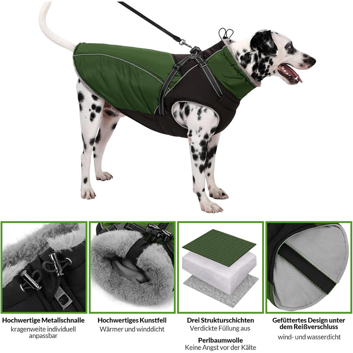 Зимовий теплий одяг для собак Konvinit: куртка з флісу з кріпленням для повідка, світловідбиваюча, для середніх собак, розмір M (53 см обхват грудей), колір зелений