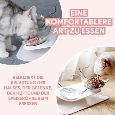 Миска для котів Katzenliebe PurrBowl з піднятою платформою та кутом нахилу 15° - запобігає блювоті. Прозора біла миска-подвійний набір з підставкою.