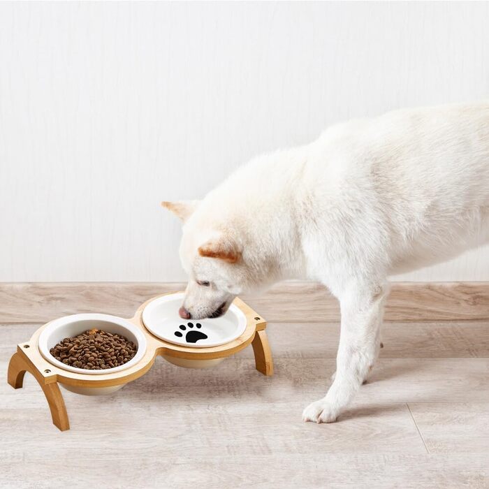 Набір мисок для котів та собак GmeDhc: 2 миски з кераміки на дерев'яній підставці