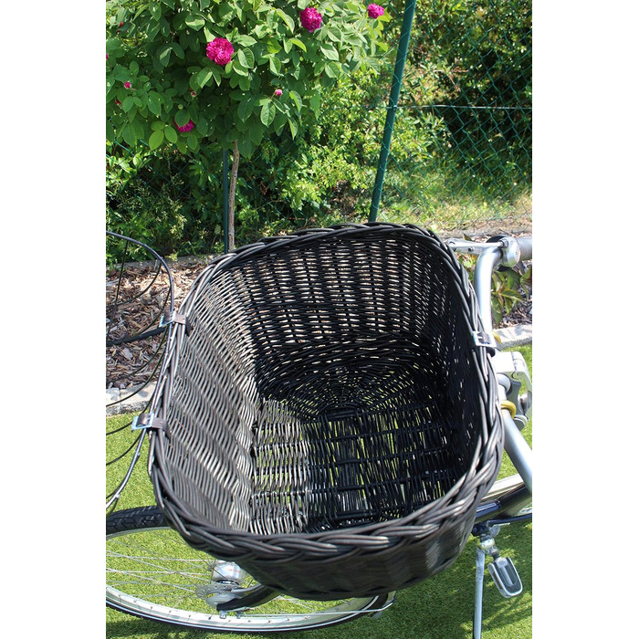 Кошик для собаки на кермо велосипеда з ротангу з металевою сіткою та подушкою, чорний кошик для велосипеда (з подушкою)