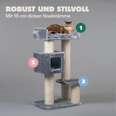 Котячий драпак RHRQuality Devon Rex 120 см для великих котів, світло-сірий, з ігровим будиночком і 15 см сизалевими стовпчиками