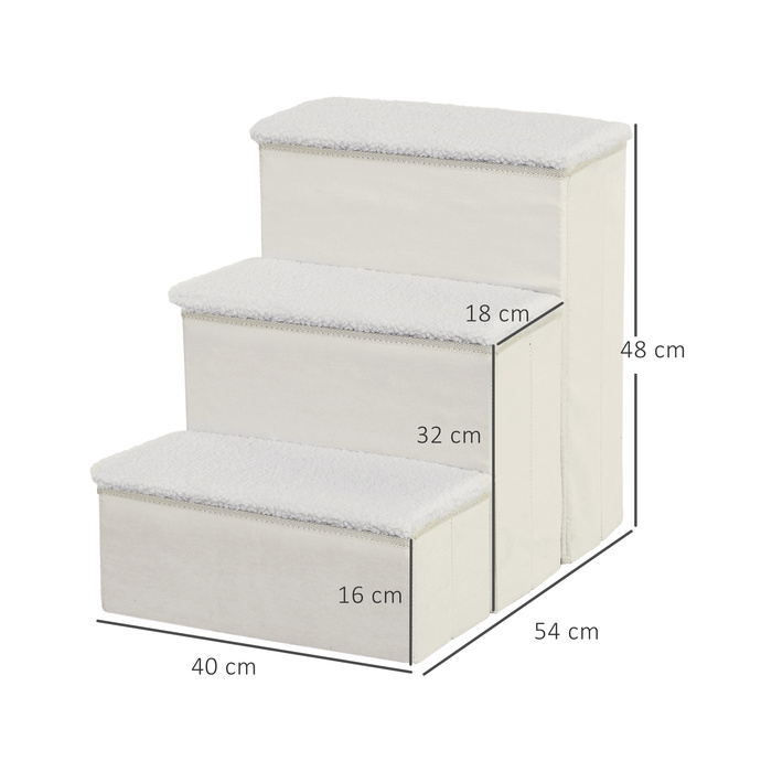 PawHut Pet Stairs Складні сходи для кішок Сходи для собак 3 сходинки з місцем для зберігання для кішок і собак МДФ білий 40x54x48см