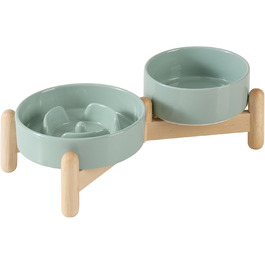 Підвищений годівниця для собак та котів Havniva з кераміки, для повільного годування, 13 см та 15,5 см, з дерев'яним підставкою, 2 шт. світло-зелений + підставка