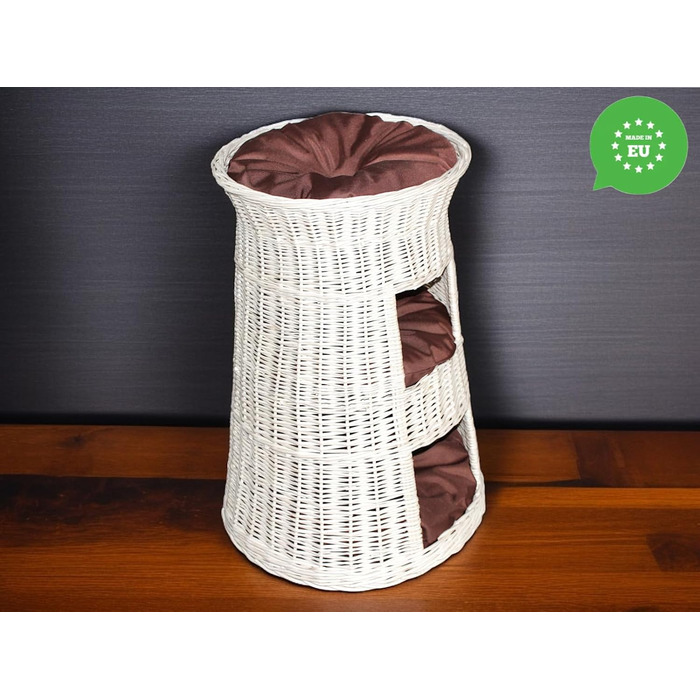 Кігтеточка-ліжко для котів: кругла хатинка з ротанга, триярусне ліжко для собак та котів, колір - білий, з коричневою подушкою