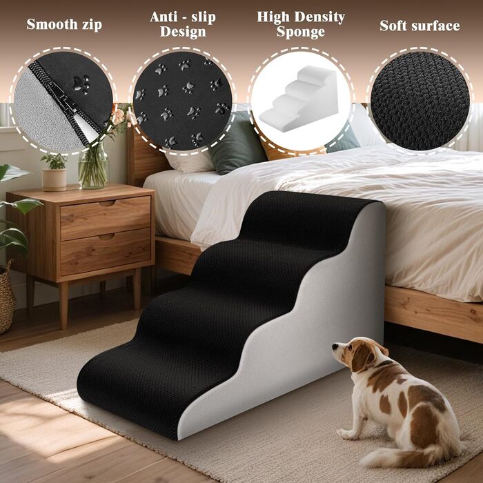 Східці для собак та котів JUOIFIP, 4 сходинки, для маленьких порід, з губчастою поверхнею, чорного кольору