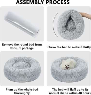 Заспокійливе ліжко-пончик для собак та котів середнього розміру, з ковдрою, сірого кольору. Легко миється, м'яке, пухнасте, діаметр 61 см, ковдра 71x23 см. Розміри: 60x60x17 см