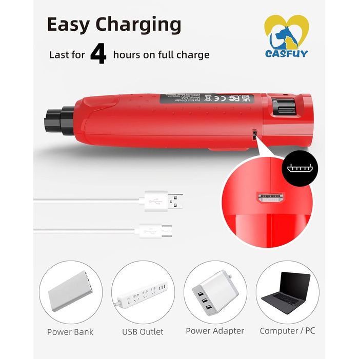 Електричний точило для кігтів собак Casfuy - 6 режимів, 45 дБ, з LED-підсвічуванням, для собак та котів великих, середніх та малих порід. Червоний