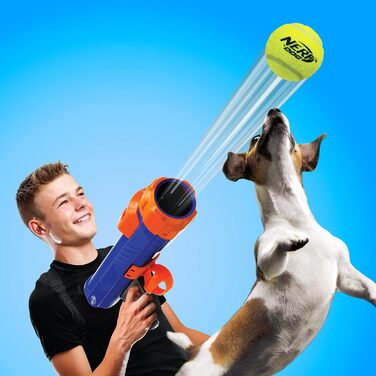Іграшка для собак Nerf Dog 30,5 см Blaster без кліпу, з 3-ма пищащими тенісними м'ячами 5,1 см, непрозорий синій/оранжевий/сірий, оранжевий/синій/зелений