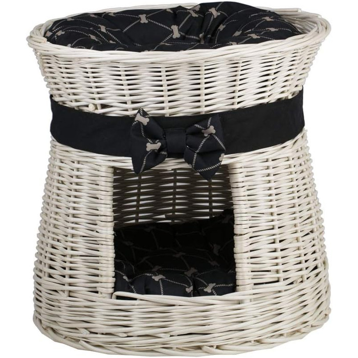 Кругла котяча хатинка e-wicker24 з плетеної лози, двоярусна, з подушкою та стрічкою, котячий будиночок (кремовий/чорний)